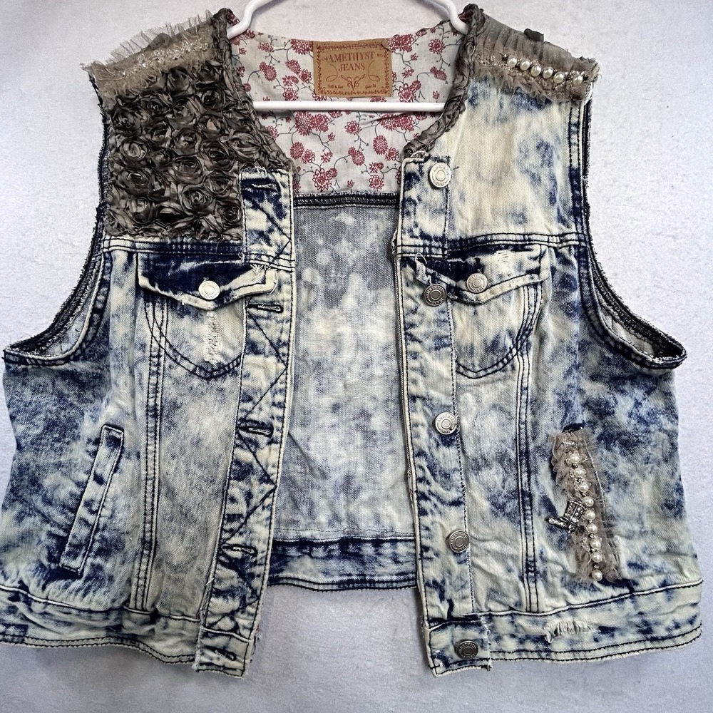 Amethyst Womens Jean Vest Acid Wash Blue Denim Lace Inserts Button Size 2x